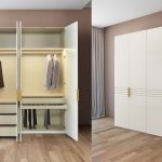 Photo d'un dressing avec une collection comprenant deux modules. Les meubles présentent des finitions blanc laqué mat. Dans la première armoire a une partie penderie et 3 tiroirs. L'autre armoire à une partie armoire, un tiroir et un pantalonnier.