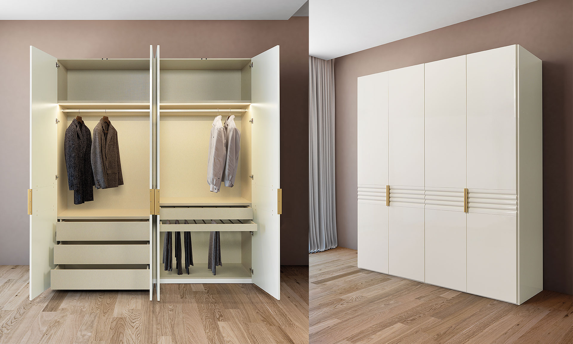 Photo d'un dressing avec une collection comprenant deux modules. Les meubles présentent des finitions blanc laqué mat. Dans la première armoire a une partie penderie et 3 tiroirs. L'autre armoire à une partie armoire, un tiroir et un pantalonnier.