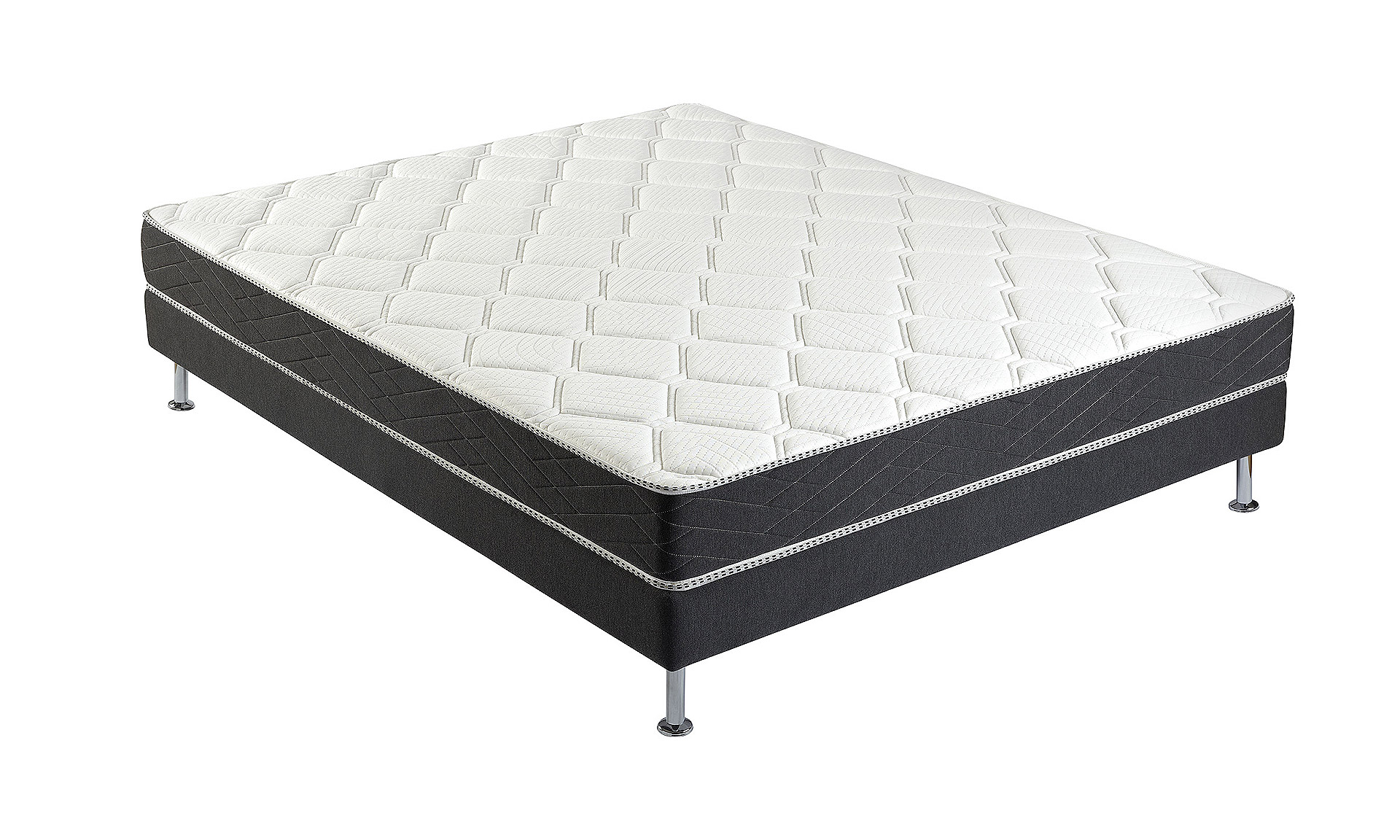 Un matelas avec matelas mousse alvéolaire avec 3 zones de confort. Avec un sommier en tissu gris.